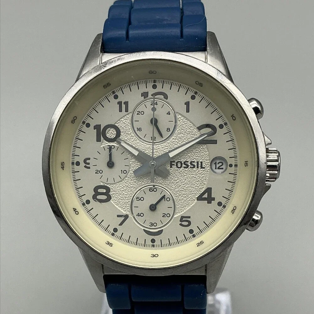Fossil Maddox CH-2474 Mens Watch 38mm Blue Silicone Chronograph Stainless